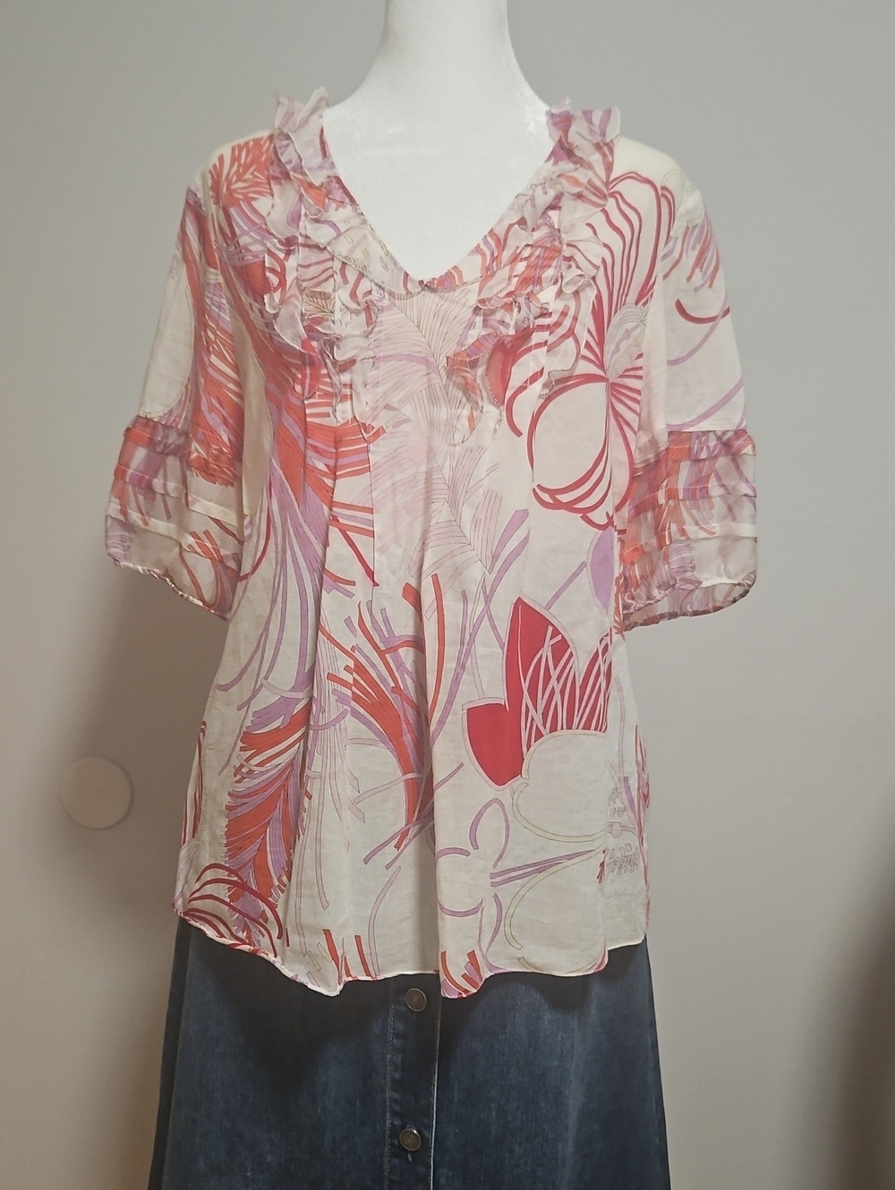 Elie Tahari Cream Blouse with Pink and Coral Floral Print